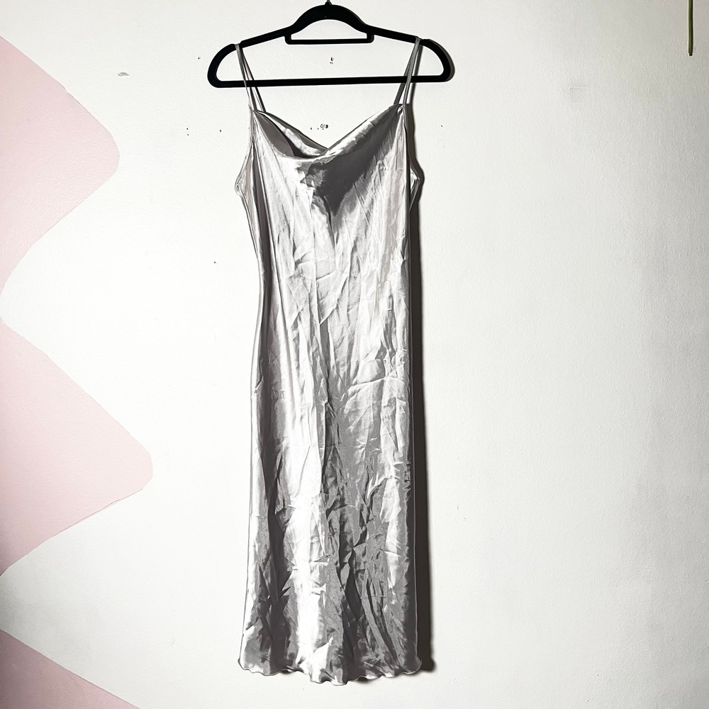 Vtg y2k Bebe Midi Slip Dress Medium Silver Satin 2000s 90s
